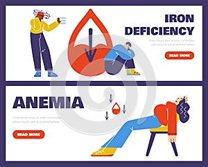 Iron deficiency anemia diagnosis symptom medical cartoon vector landing page set, sick people feels unwell, dizziness