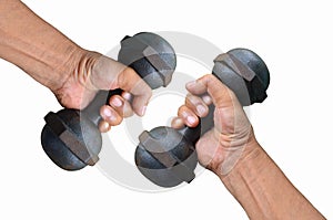 Iron dumbbells in hands for exercise