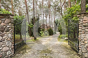 Iron entrance gate and stony road leading to the house in the woods photo