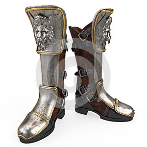 Iron fantasy high boots knight armor isolated on white background. 3d illustration