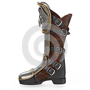 Iron fantasy high boots knight armor isolated on white background. 3d illustration