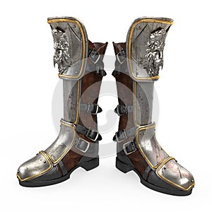 Iron fantasy high boots knight armor isolated on white background. 3d illustration