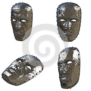 Iron fantasy mask on face with patterns on isolated white background. 3d illustration