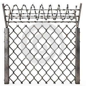 Iron fence with barbed wire on an isolated white background. 3d illustration