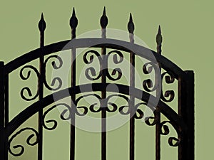 Iron fence details with green wall background