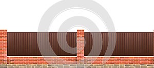 Iron fence with plastered brick pillars and stone foundation. Horizontal seamless design. Isolated on white background