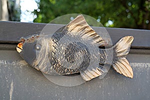 Iron fish on the fence of country house