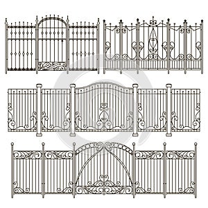 Iron gate and fence design with different decorative elements. Vector illustrations