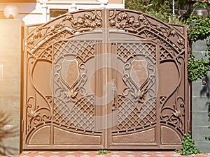 Iron gate with wrought iron pattern. Brown iron gate with forged vine pattern lit by the sun