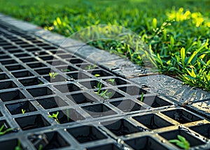 iron grate of a drainage system for storm water drainage from a pedestrian sidewalk near a green lawn.