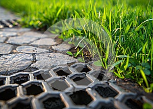 iron grate of a drainage system for storm water drainage from a pedestrian sidewalk near a green lawn.