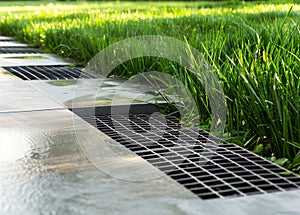 iron grate of a drainage system for storm water drainage from a pedestrian sidewalk near a green lawn.