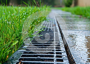 iron grate of a drainage system for storm water drainage from a pedestrian sidewalk near a green lawn.