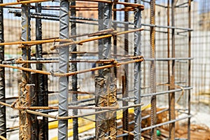 Iron grid for reinforcement of a building walls and foundation at construction site.