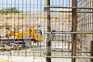 Iron grid for reinforcement of a building walls and foundation at construction site.