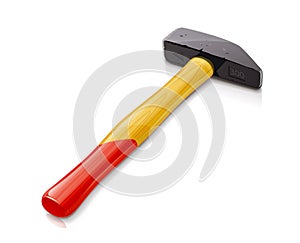 Iron hammer with wooden handle. Tool for hand work. Vector illustration.