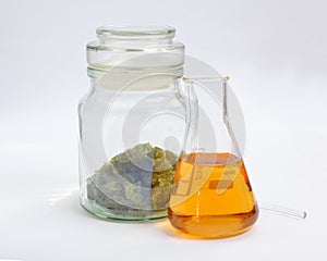 Iron II sulfate or sulphate, ferrous sulfate. Also copperas and green vitriol. Salt and solution.