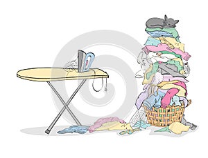 Iron and ironing board with Tall Pile of Laundry in Basket with Cat and Critters