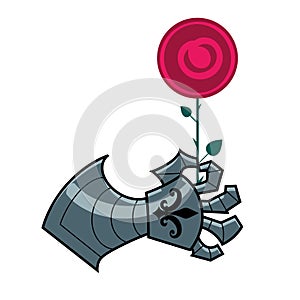 Iron knights gauntlet holding a red rose. Colorful, flat symbol. Isolated, white background.