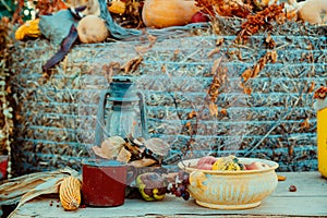 Iron lantern and autumn decoration