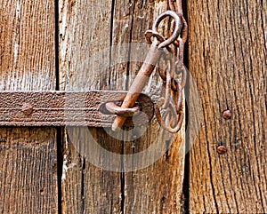 The iron latch on wooden door