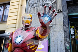 Iron Man Tony Stark statue with arm extended forward near Movie Art Museum - Saint Petersburg, Russia, August 2020.