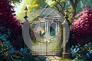 an iron mansion gate, with a garden of colorful blooms, against the backdrop of a lush green lawn