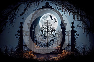 an iron mansion gate, leading to a moonlit garden and the silhouette of the mansion in the background