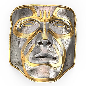 Iron mask on face, with gold inserts on isolated white background. 3d illustration