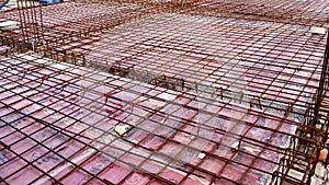 Iron mesh rebar installed for constructing ceiling of a house