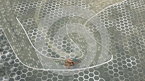 Iron ore mining. Visualization of a modern quarry. A mining dump truck drives on a road in a deep iron ore quarry.