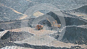 Iron ore mining. Visualization of a modern quarry. A mining dump truck drives on a road in a deep iron ore quarry.