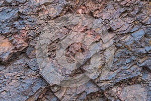 Iron ore texture close up - natural minerals in the mine. Stone texture of open pit. Extraction of minerals for heavy