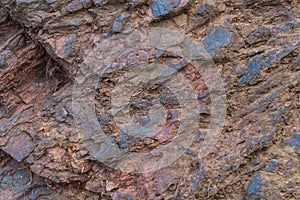 Iron ore texture closeup - natural minerals in the mine. Stone texture of open pit. Extraction of minerals for heavy
