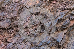 Iron ore texture closeup - natural minerals in the mine. Stone texture of open pit. Extraction of minerals for heavy