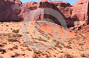 Iron oxide cross bedded sandstone cliffs overlook crescent dune below