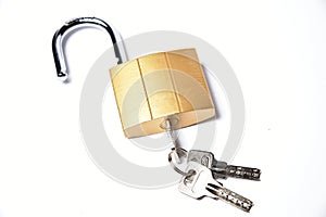 Iron padlock with keys on a white background