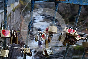 Iron padlocks on a river bridge