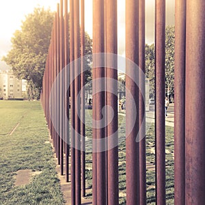 Iron poles marking path of Berlin Wall, Bernauer StraÃŸe, Mitte, Berlin, Germany