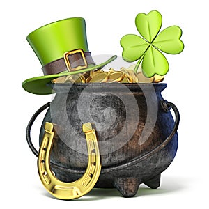 Iron pot full of golden coins, Green St. Patrick`s Day hat, clov