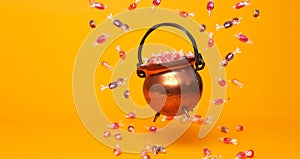 Iron pot with multi-colored caramels on empty orange background.