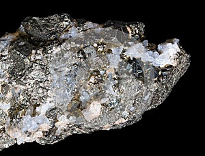 Iron pyrite, also known as fools gold, with quartz crystal veins, over black