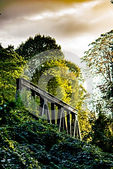 Iron railroad bridge with cloudy sky and trees