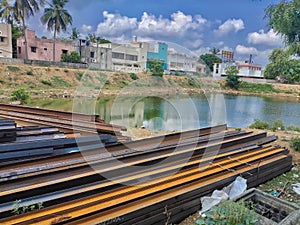 Iron reinforce concrete rood bar in near lack view construction site, Steel rods bars can used for reinforce concrete