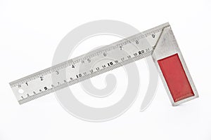 Iron ruler with angle bar, set square, isolated on a white background