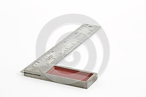 Iron ruler with angle bar, set square, isolated on a white background