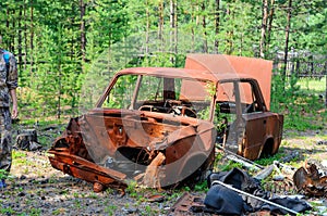 Iron rusty body of the Soviet car lies in a young spruce forest in the tundra.