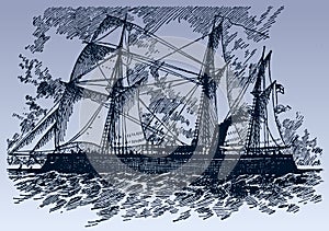 Iron steamship under full sails on wavy sea