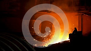 Iron and steel metallurgical plant, metallurgical production. Stock footage. Metal Melting process with many flying