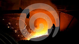 Iron and steel metallurgical plant, metallurgical production. Stock footage. Metal Melting process with many flying